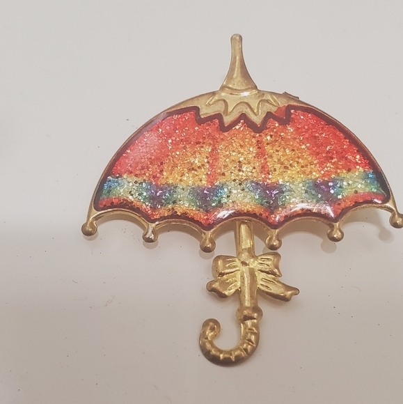 Vintage Gold Tone and Red and Gold Glitter Enamel Umbrella Brooch. 🌴 - Picture 2 of 5
